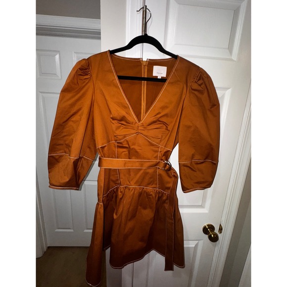 Cinq a Sept Khloe Mini Dress Ochre Brown Contrast Stitch Puff Sleeve Belted 12 - Picture 6 of 10